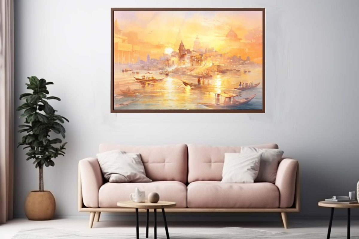 Banaras Ghat sunset watercolor canvas art for spiritual living room decor.