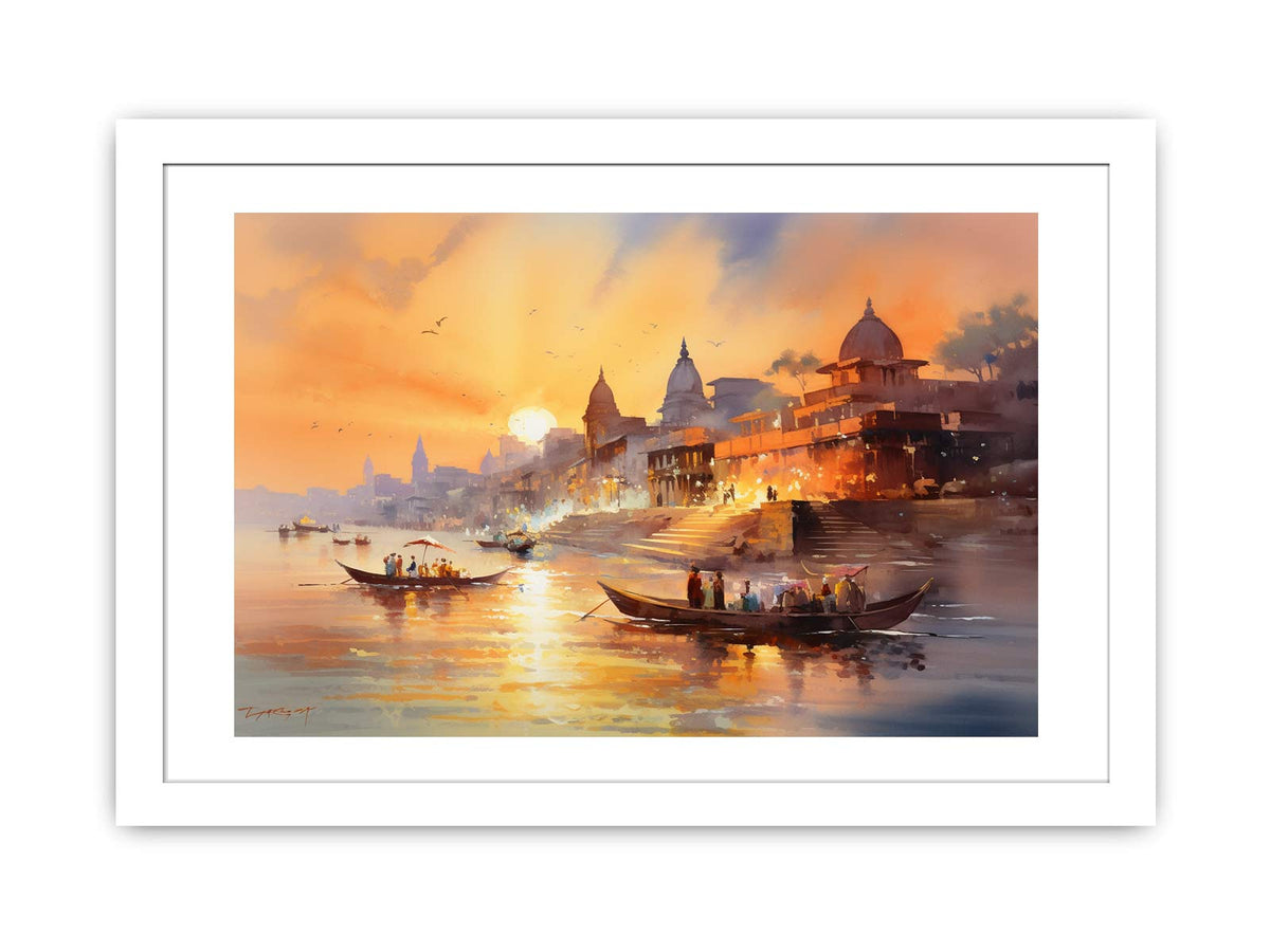 Banaras Ghat sunset watercolor canvas art for spiritual living room decor.