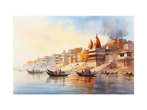 Vintage Banaras Ganga watercolor canvas art for elegant living room decor.