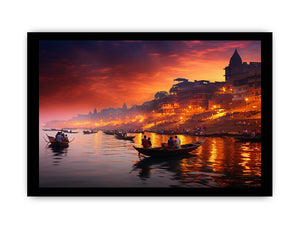 Dramatic Banaras Ganga evening canvas art for moody living room decor.