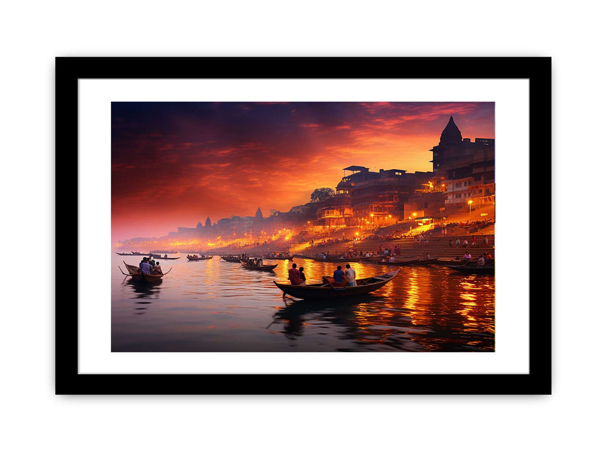 Dramatic Banaras Ganga evening canvas art for moody living room decor.