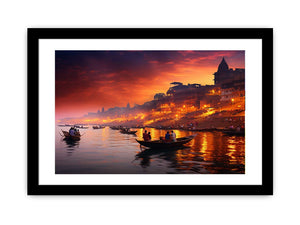 Dramatic Banaras Ganga evening canvas art for moody living room decor.