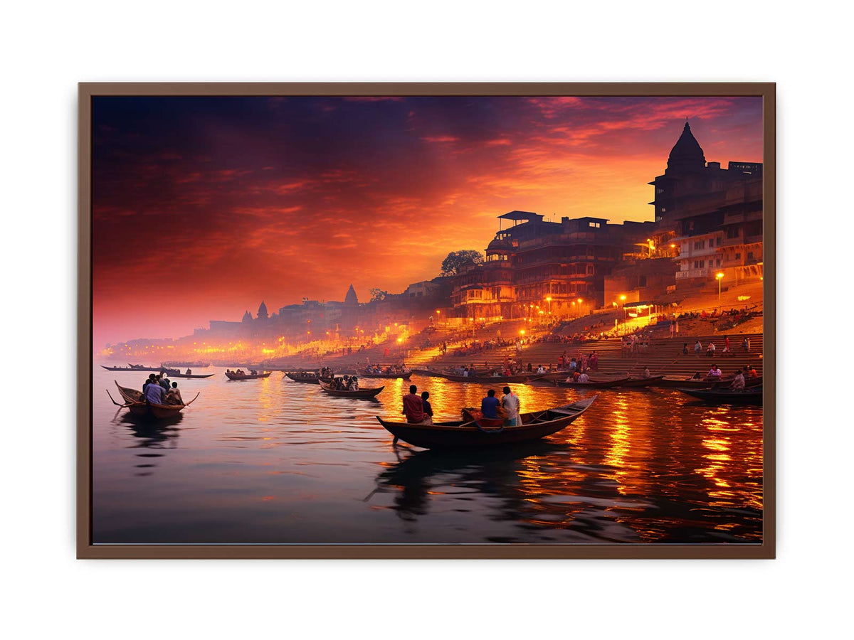 Dramatic Banaras Ganga evening canvas art for moody living room decor.