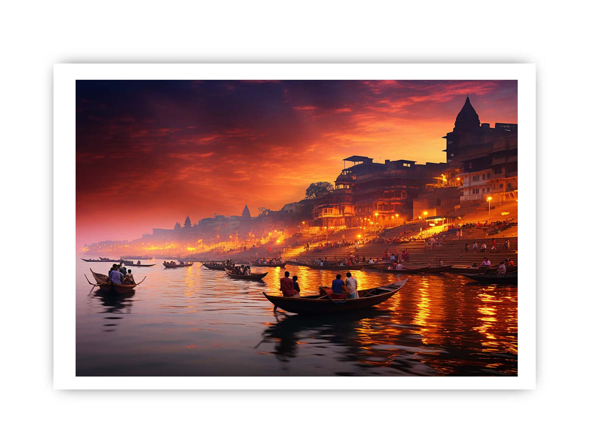 Dramatic Banaras Ganga evening canvas art for moody living room decor.