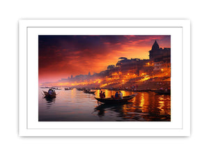 Dramatic Banaras Ganga evening canvas art for moody living room decor.