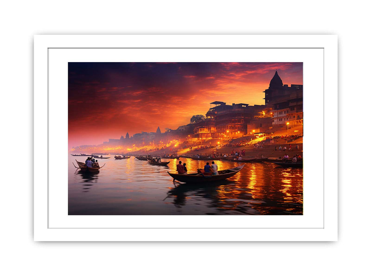 Dramatic Banaras Ganga evening canvas art for moody living room decor.