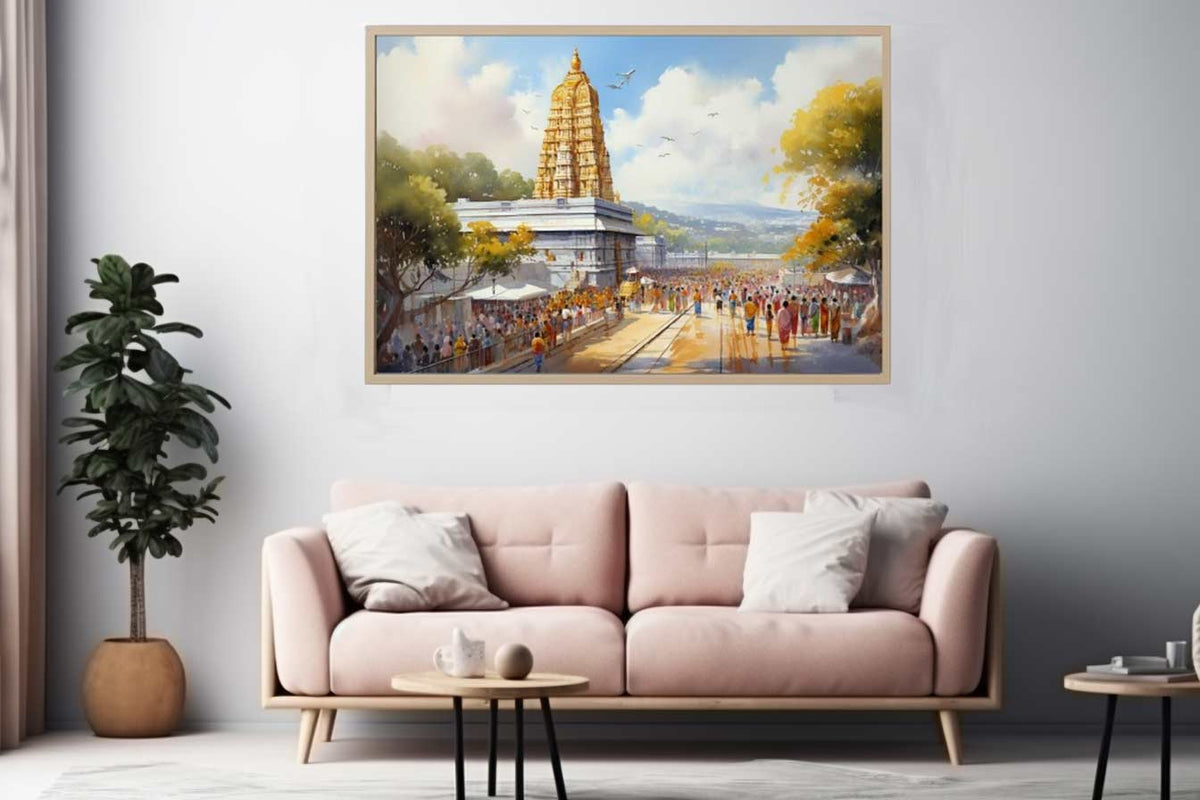 Golden temple watercolor canvas art with crowd for vibrant living room decor.