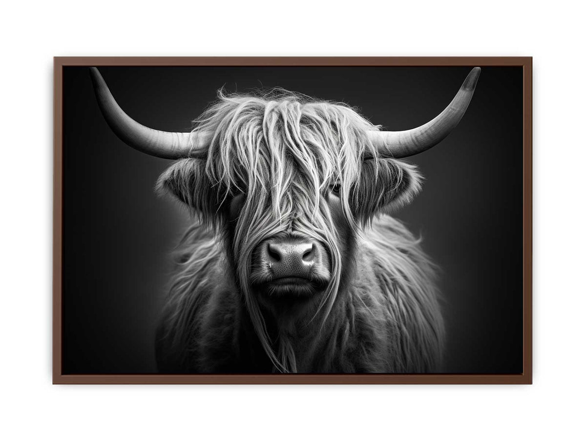 Black and white Highland cow canvas art for rustic modern living room decor.