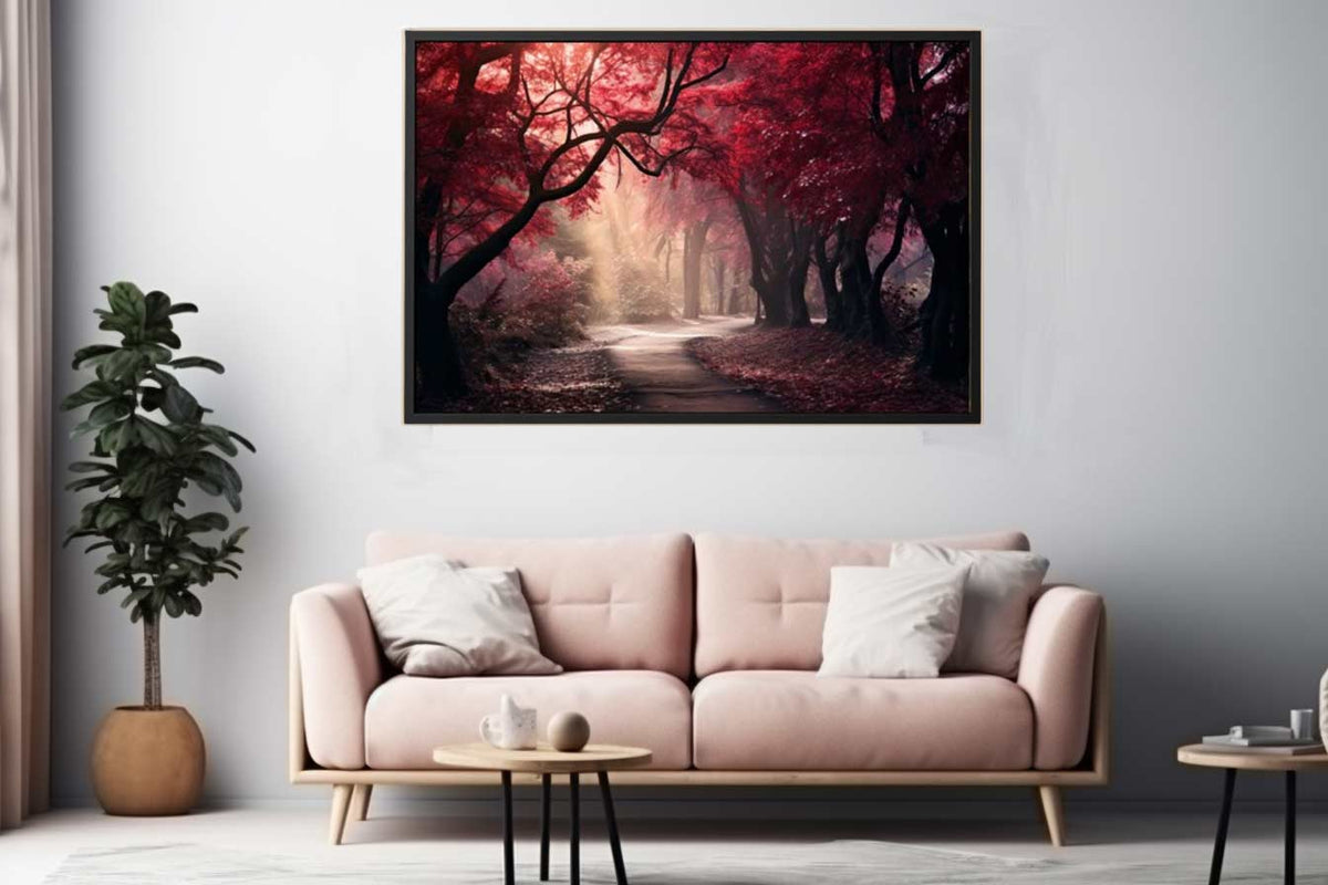 Moody red forest path canvas art for dramatic modern living room decor.
