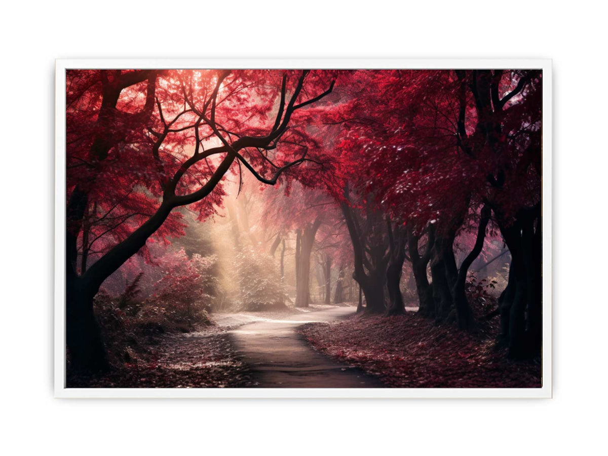 Moody red forest path canvas art for dramatic modern living room decor.