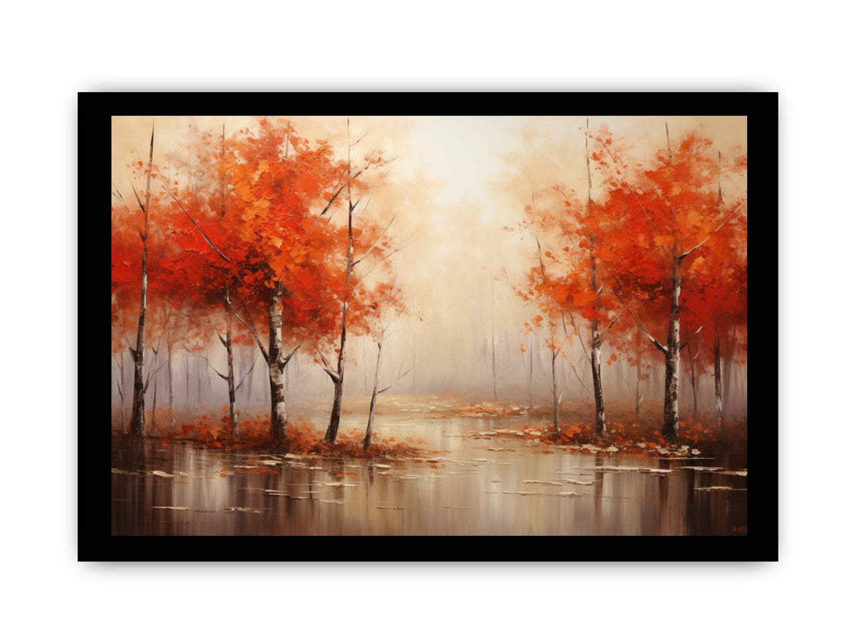 Orange autumn forest painting canvas art for warm living room decor.