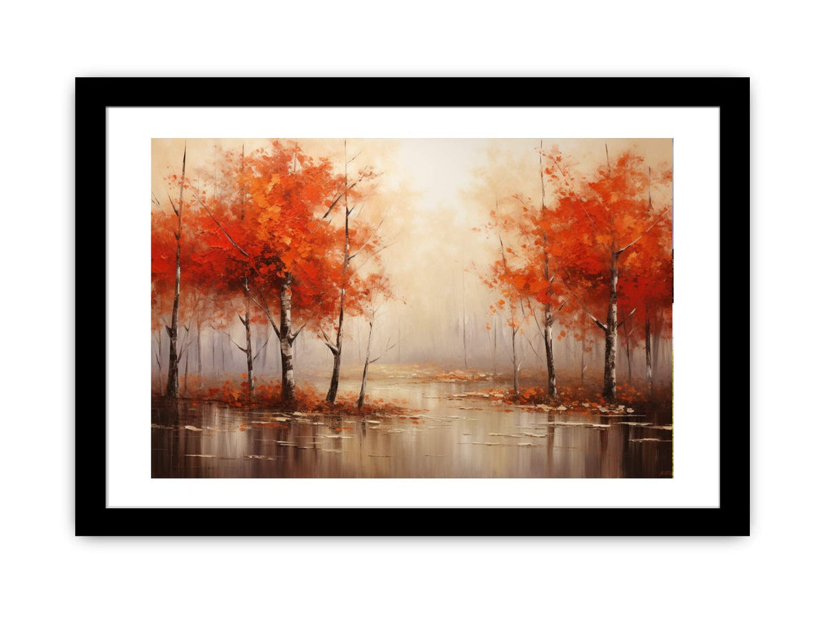 Orange autumn forest painting canvas art for warm living room decor.