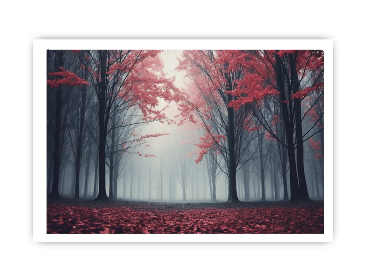 Misty red forest canvas art with autumn trees for modern living room decor.