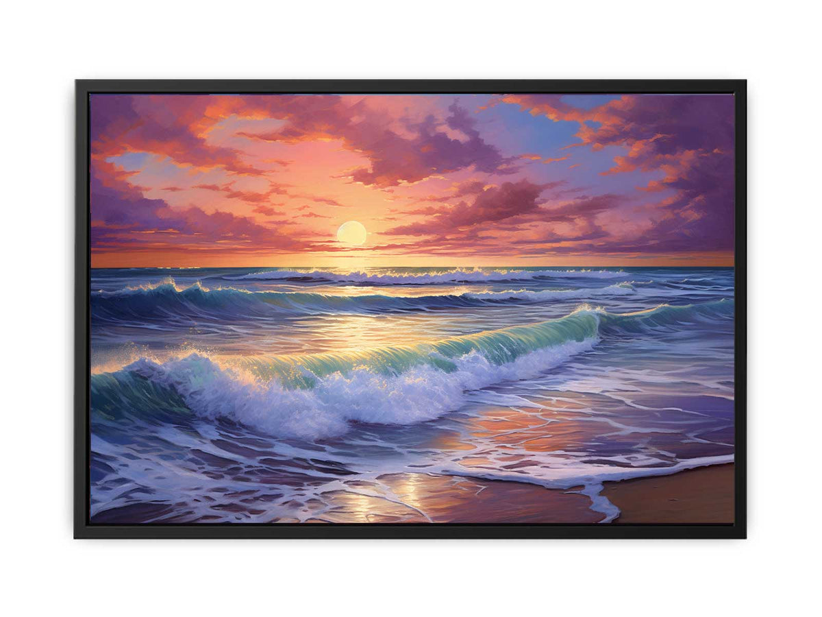 Colorful sunset ocean wave canvas art for coastal living room decor.