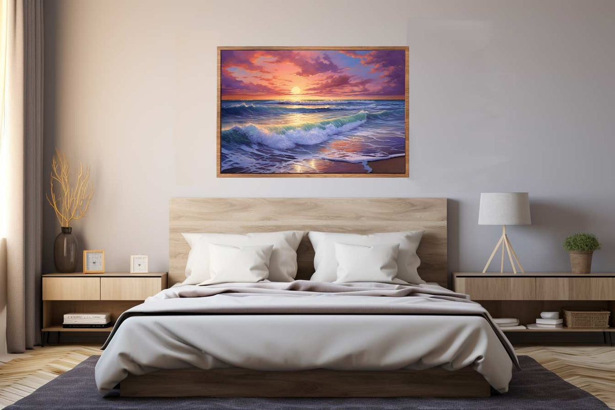 Colorful sunset ocean wave canvas art for coastal living room decor.