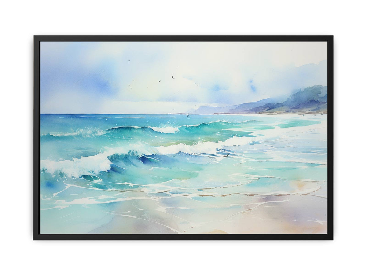 Turquoise watercolor ocean wave canvas art for modern coastal living room decor.