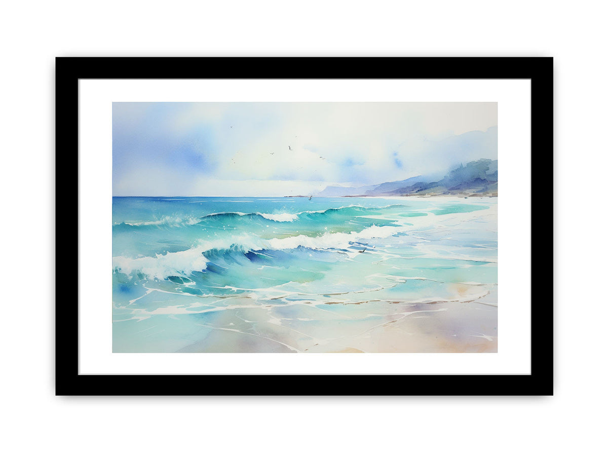 Turquoise watercolor ocean wave canvas art for modern coastal living room decor.