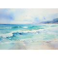 Turquoise watercolor ocean wave canvas art for modern coastal living room decor.