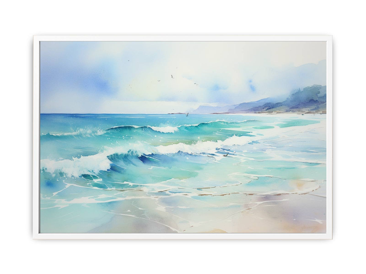 Turquoise watercolor ocean wave canvas art for modern coastal living room decor.