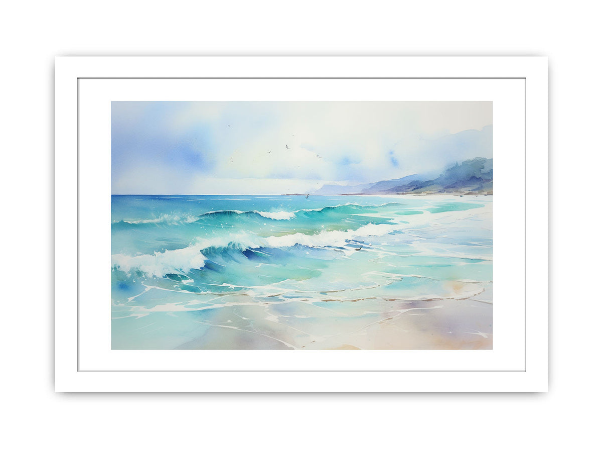 Turquoise watercolor ocean wave canvas art for modern coastal living room decor.