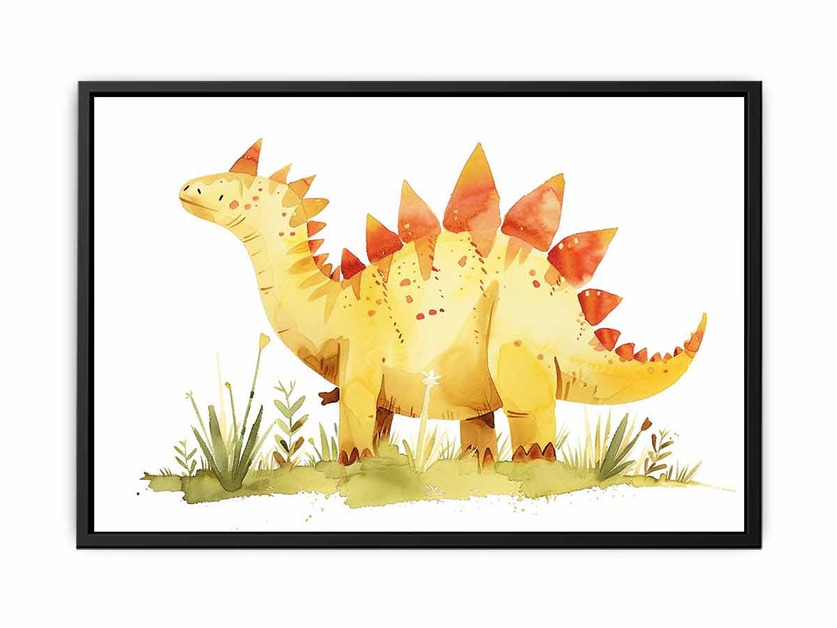 Cute yellow stegosaurus watercolor canvas art for nursery or kids bedroom decor.