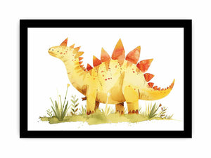 Cute yellow stegosaurus watercolor canvas art for nursery or kids bedroom decor.