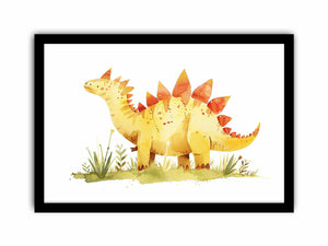 Cute yellow stegosaurus watercolor canvas art for nursery or kids bedroom decor.