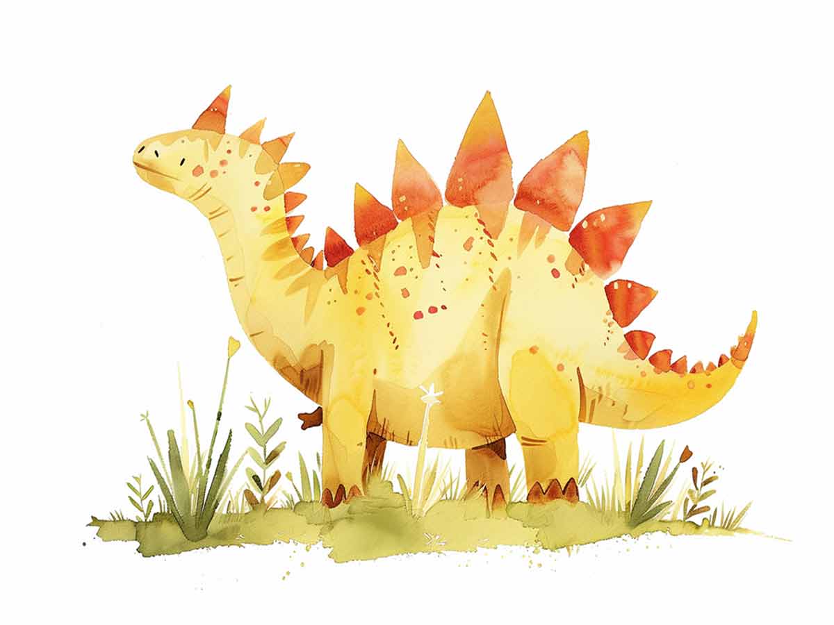 Cute yellow stegosaurus watercolor canvas art for nursery or kids bedroom decor.