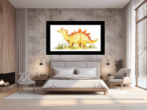 Cute yellow stegosaurus watercolor canvas art for nursery or kids bedroom decor.
