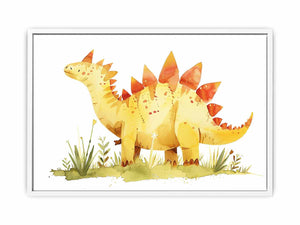 Cute yellow stegosaurus watercolor canvas art for nursery or kids bedroom decor.