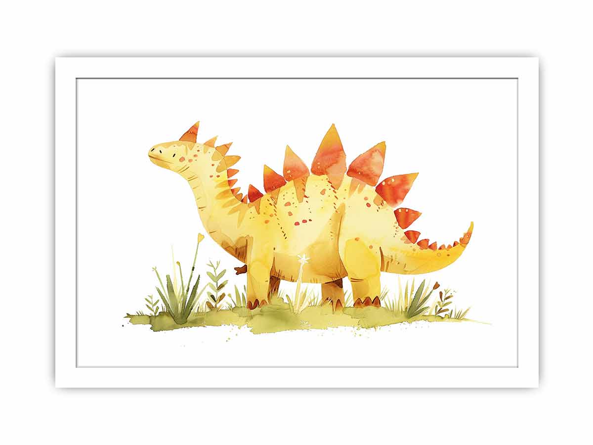 Cute yellow stegosaurus watercolor canvas art for nursery or kids bedroom decor.