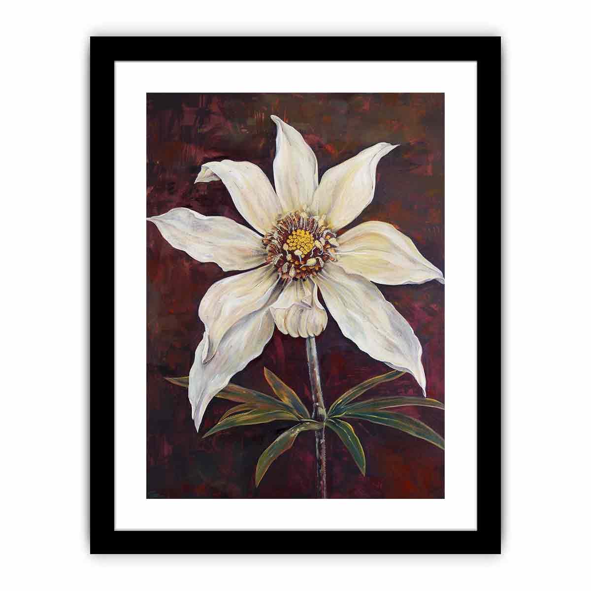 Moody ivory flower canvas art with burgundy background for elegant bedroom decor.