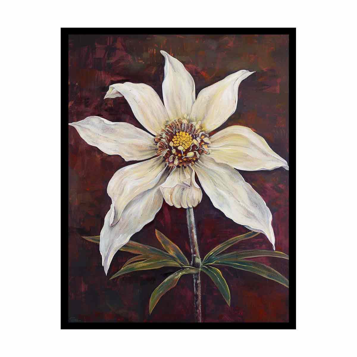 Moody ivory flower canvas art with burgundy background for elegant bedroom decor.