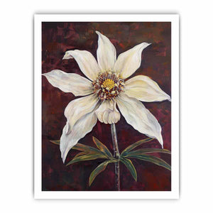 Moody ivory flower canvas art with burgundy background for elegant bedroom decor.