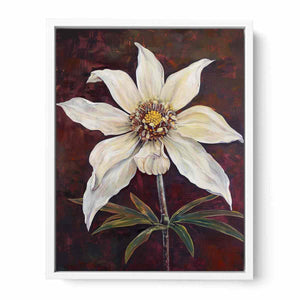 Moody ivory flower canvas art with burgundy background for elegant bedroom decor.