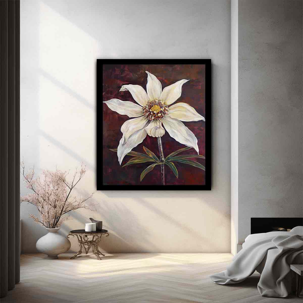 Moody ivory flower canvas art with burgundy background for elegant bedroom decor.