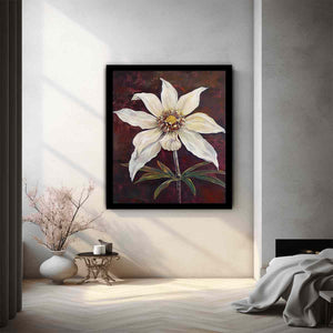 Moody ivory flower canvas art with burgundy background for elegant bedroom decor.