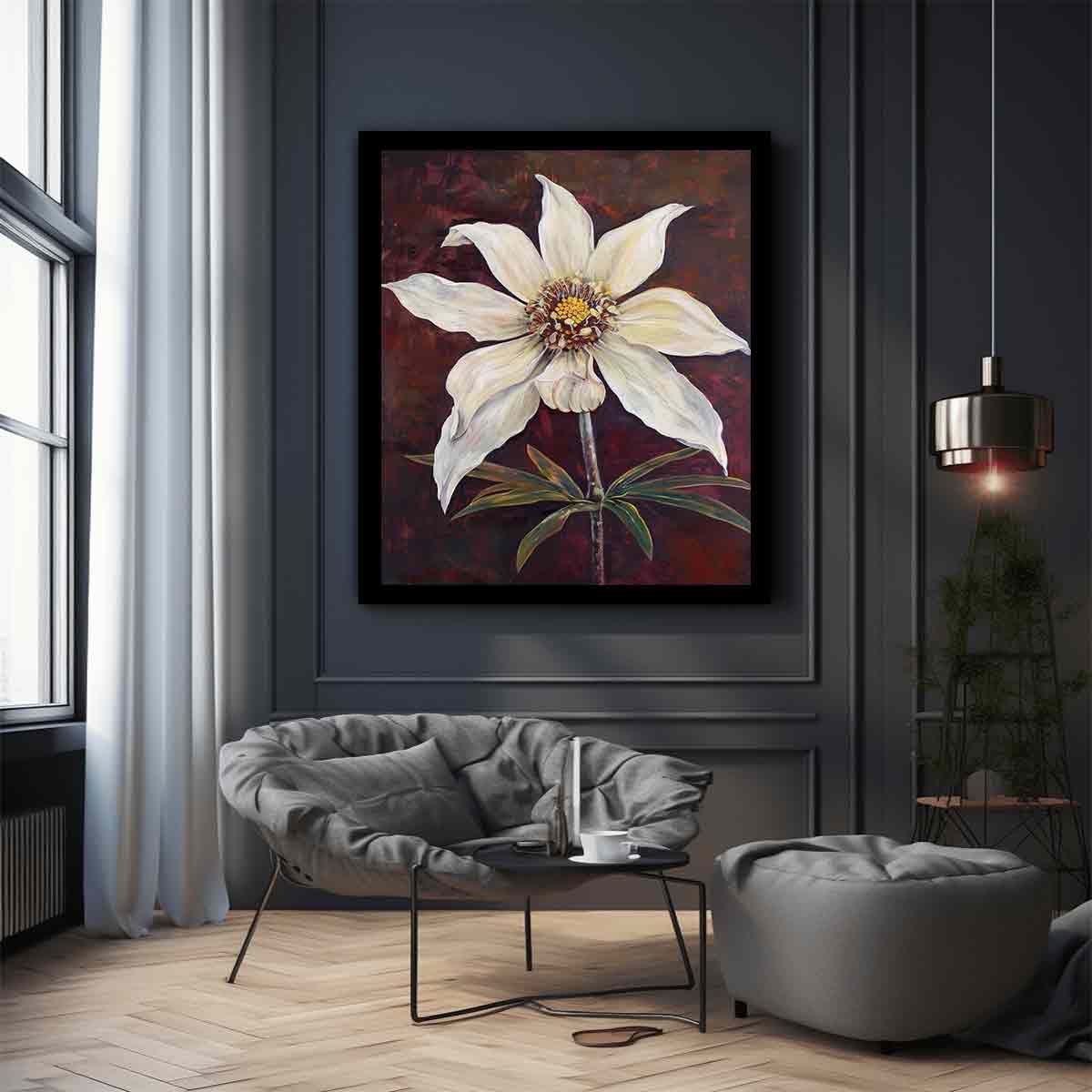 Moody ivory flower canvas art with burgundy background for elegant bedroom decor.
