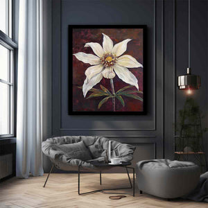 Moody ivory flower canvas art with burgundy background for elegant bedroom decor.