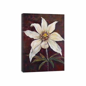 Moody ivory flower canvas art with burgundy background for elegant bedroom decor.