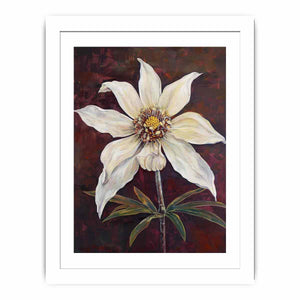 Moody ivory flower canvas art with burgundy background for elegant bedroom decor.