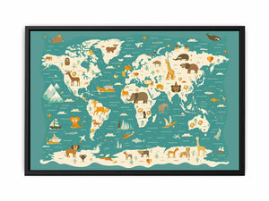 Illustrated animal world map wall art for kids room, nursery, or classroom decor.