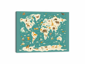 Illustrated animal world map wall art for kids room, nursery, or classroom decor.