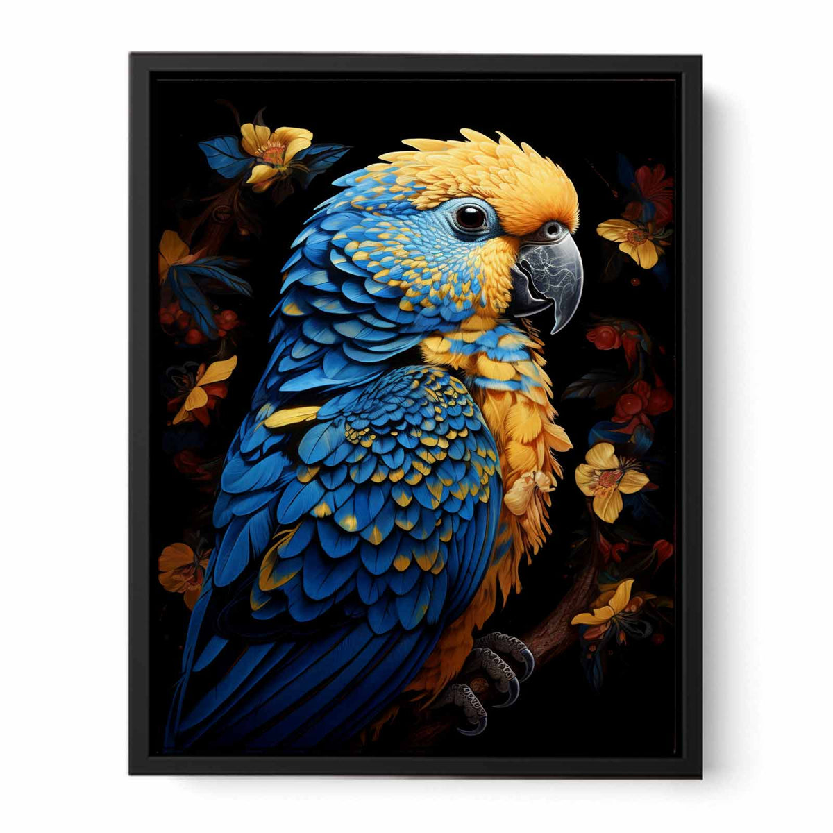 Blue and yellow macaw canvas art with tropical flowers for modern living room decor.
