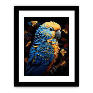 Blue and yellow macaw canvas art with tropical flowers for modern living room decor.
