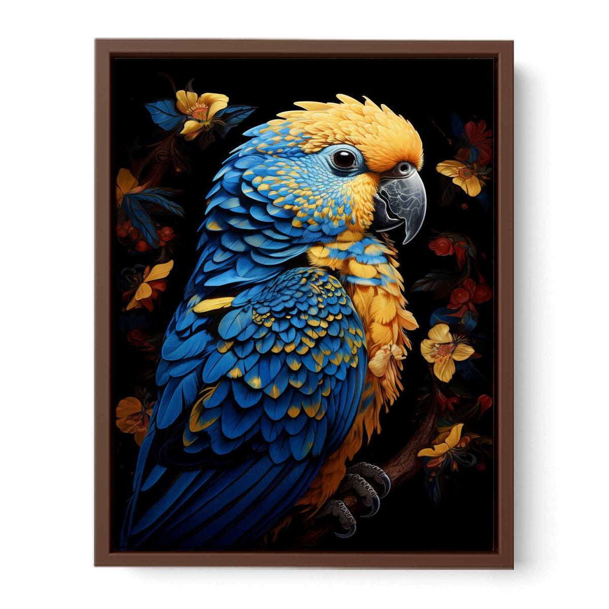 Blue and yellow macaw canvas art with tropical flowers for modern living room decor.