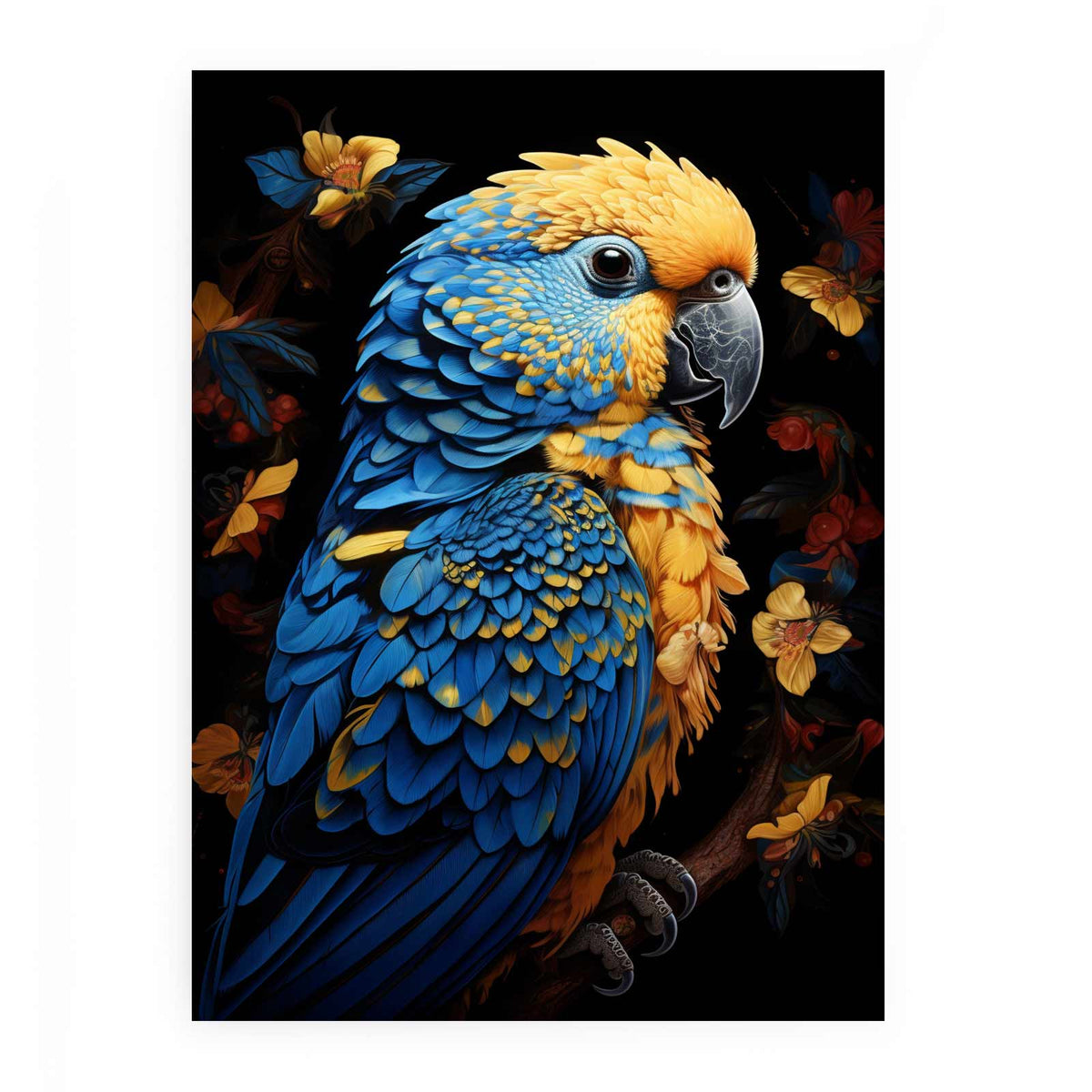 Blue and yellow macaw canvas art with tropical flowers for modern living room decor.