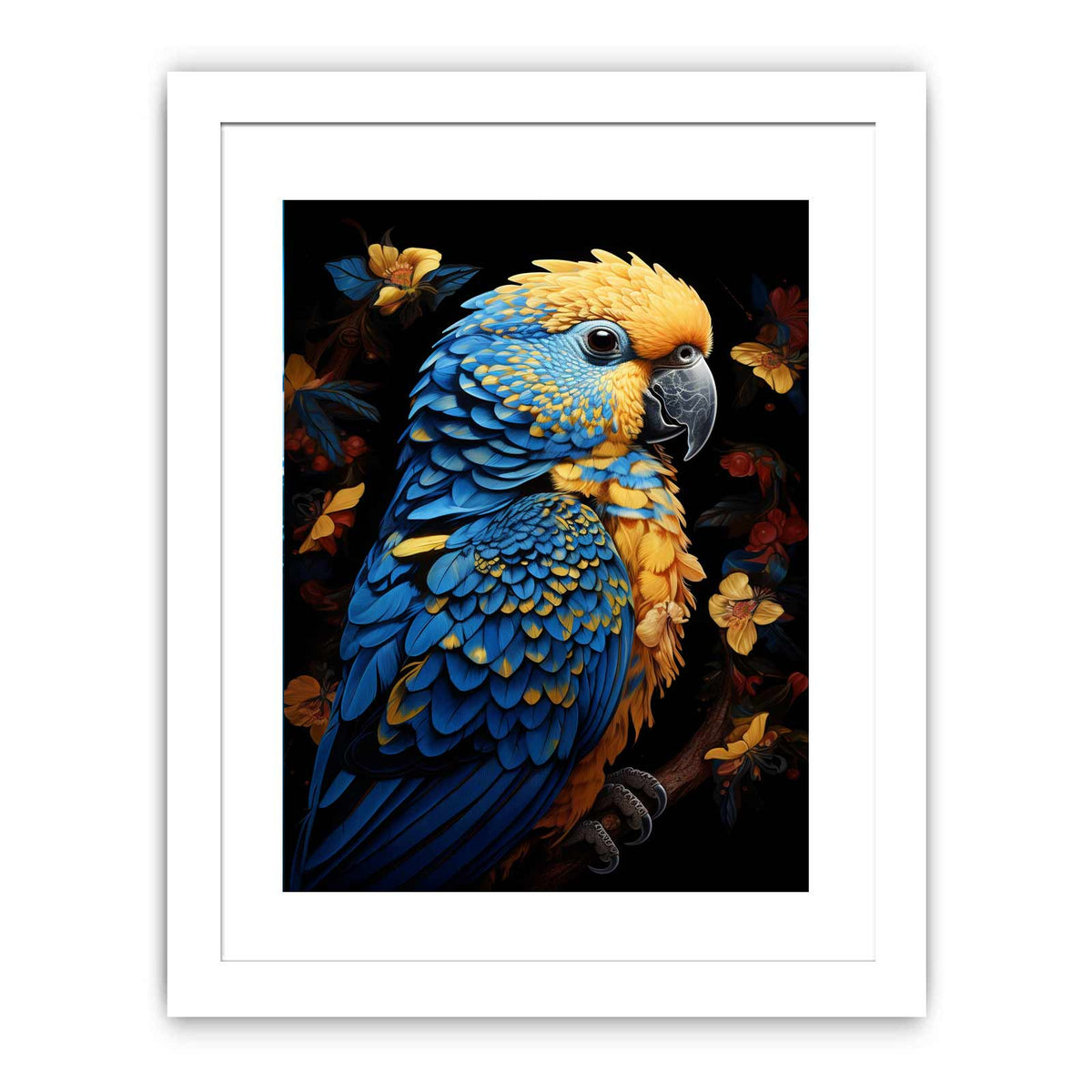 Blue and yellow macaw canvas art with tropical flowers for modern living room decor.