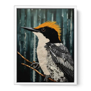 Golden crested cockatoo canvas art with moody forest style for modern living room decor.