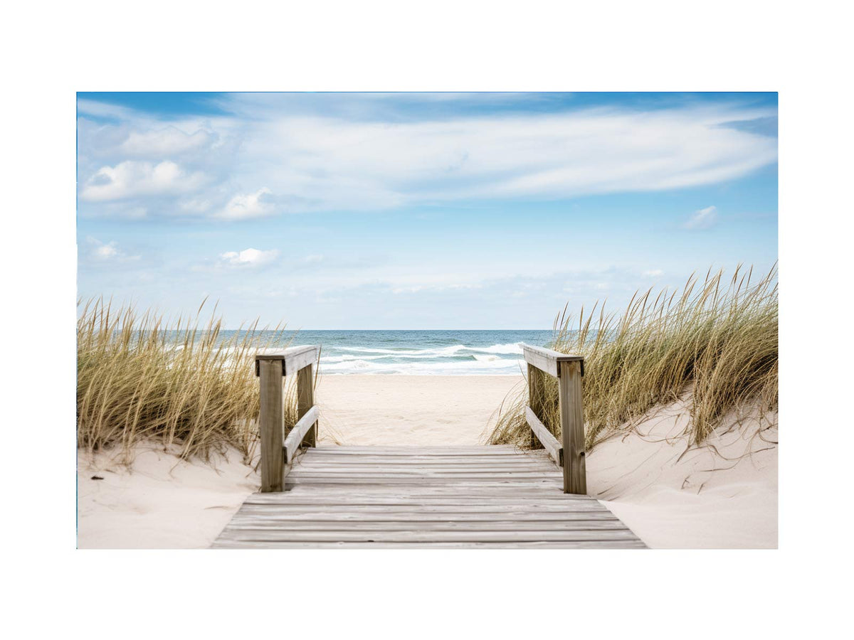 Coastal beach path canvas art with ocean dunes for calm modern living room decor.